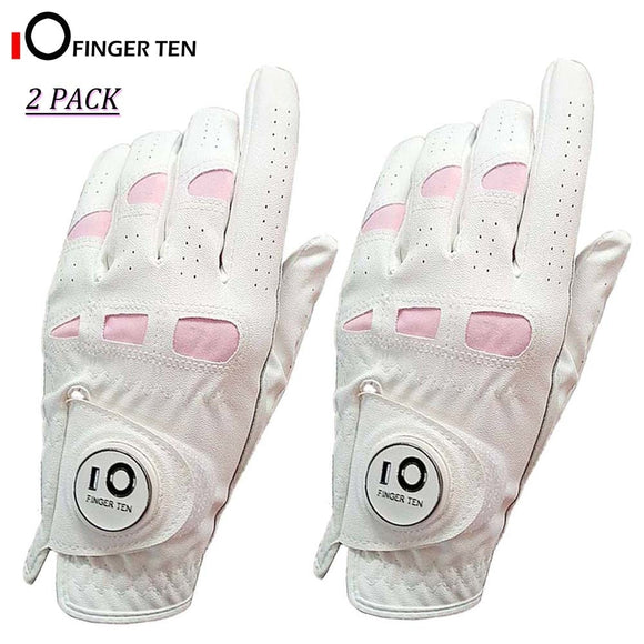 2 Pack Cabretta Leather White Soft Women Golf Gloves with Ball Marker Left or Right Hand